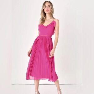 Never a Dull Moment Magenta Pink Tie-Strap Pleated Midi Dress
